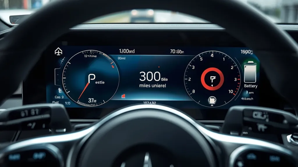 Close-up of Mercedes EQS digital dashboard showing impressive electric range and battery status.
