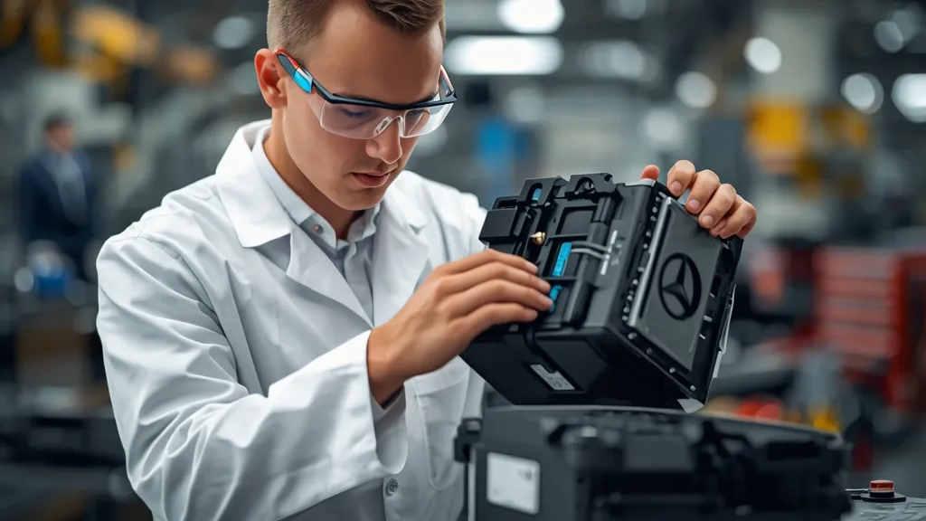 Mercedes-Benz engineer examining a modular EV battery pack, symbolizing future technology and recycling.