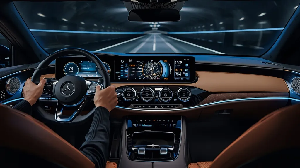 Mercedes EQS MBUX Hyperscreen interior, showing advanced digital displays and ambient lighting.