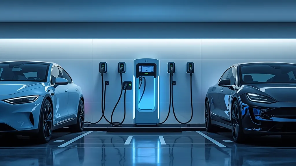 Multiple luxury electric vehicles charging at a high-power charging station, illustrating EV infrastructure.