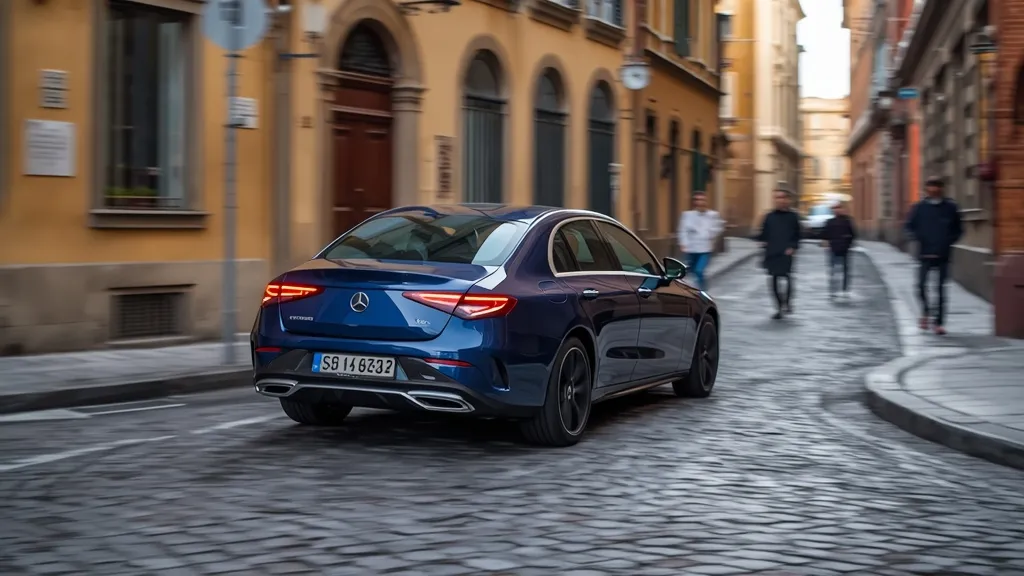 Mercedes EQS turning in a tight urban street, demonstrating the rear-axle steering's impact on maneuverability.