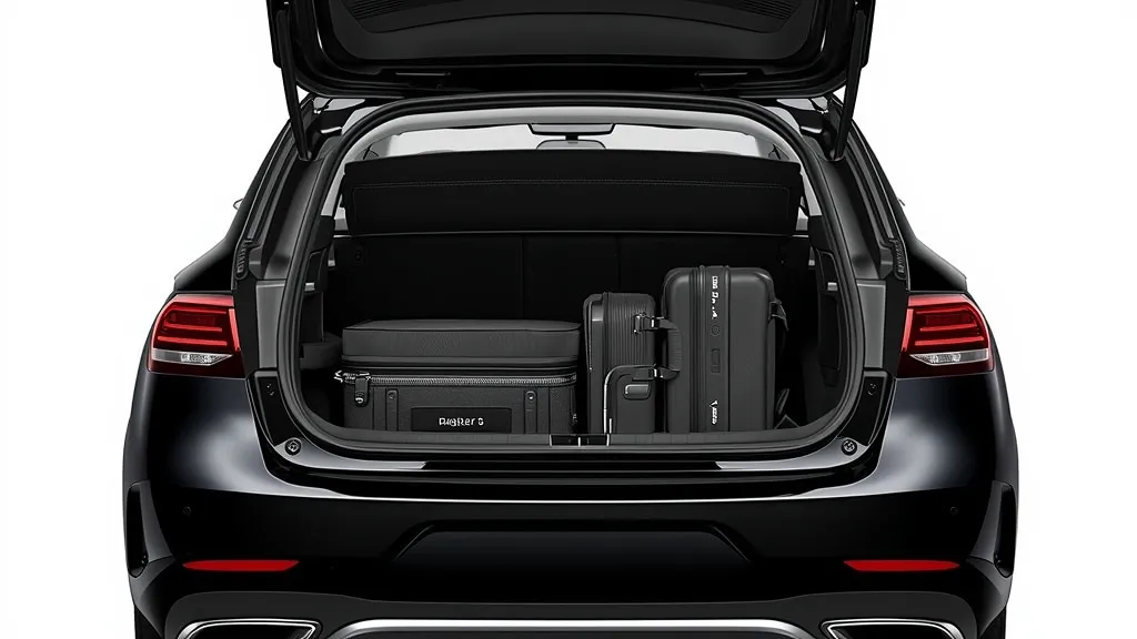 Mercedes EQS hatchback open, revealing large cargo volume and versatile luggage capacity for practical use.