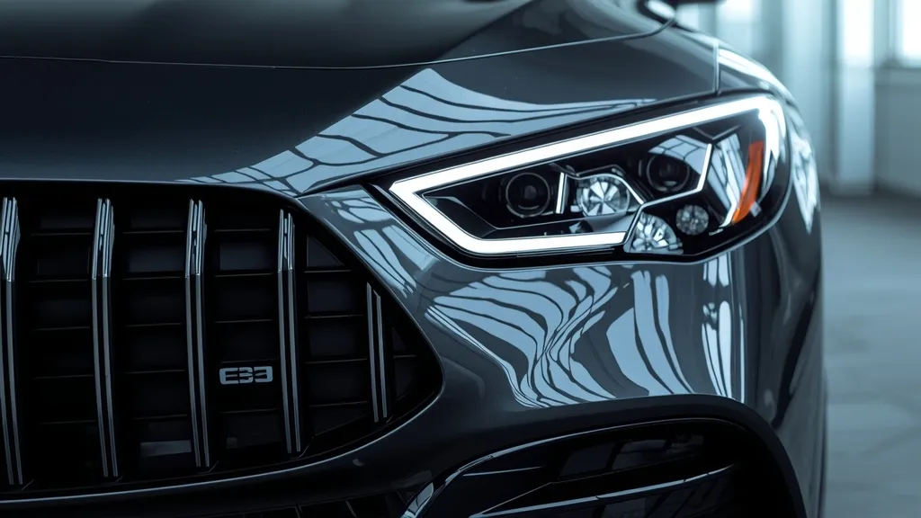 Close-up of the Mercedes EQS "Black Panel" grille with illuminated star pattern and integrated headlights.