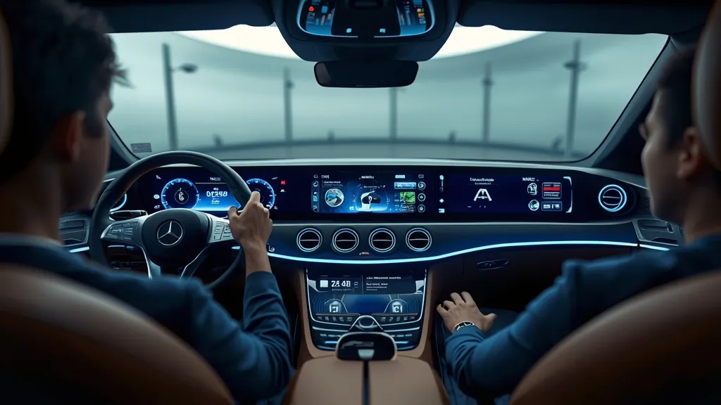 Mercedes EQS MBUX Hyperscreen interior, showing three large digital displays with navigation and entertainment.