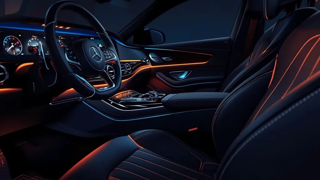 Luxurious Mercedes EQS interior with premium materials, ambient lighting, and comfortable seating.