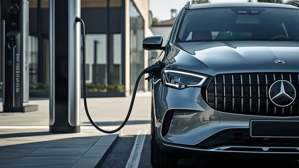 Mercedes EQS fast charging at a public EV station, highlighting its efficient battery and range capabilities.