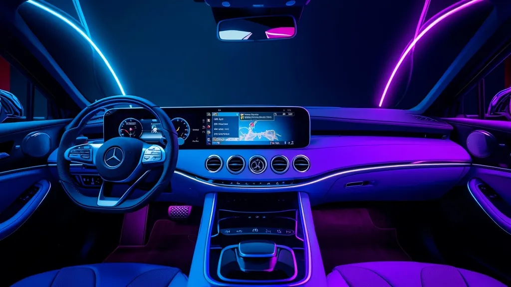 Mercedes EQS Hyperscreen showcasing MBUX Zero Layer and vibrant ambient lighting