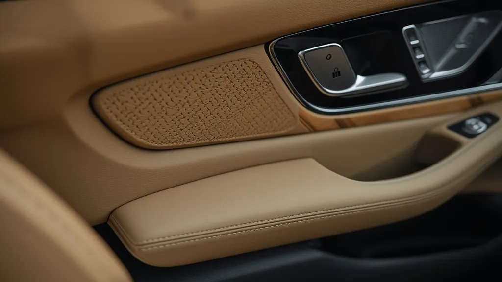 Close-up of EQS interior materials: sustainable vegan leather and wood trim