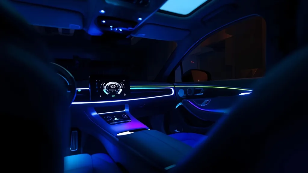 Mercedes EQS cabin with HEPA air filter system display and sophisticated ambient lighting