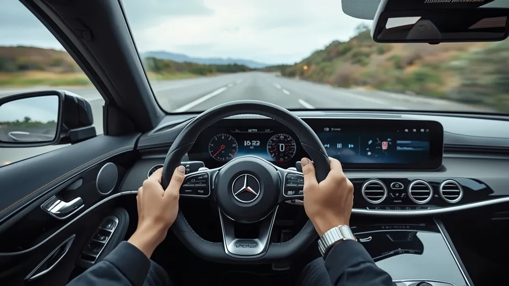 Driver perspective in Mercedes EQS, focusing on Hyperscreen and ergonomic controls