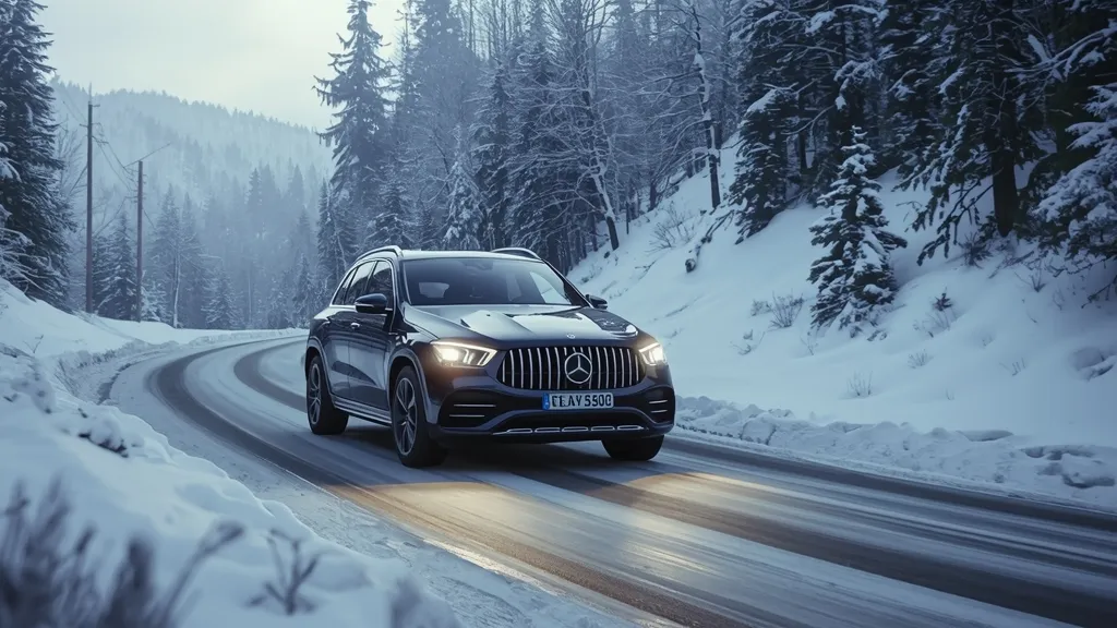 Mercedes EQS driving through a snowy landscape, illustrating its real-world range performance in winter conditions.
