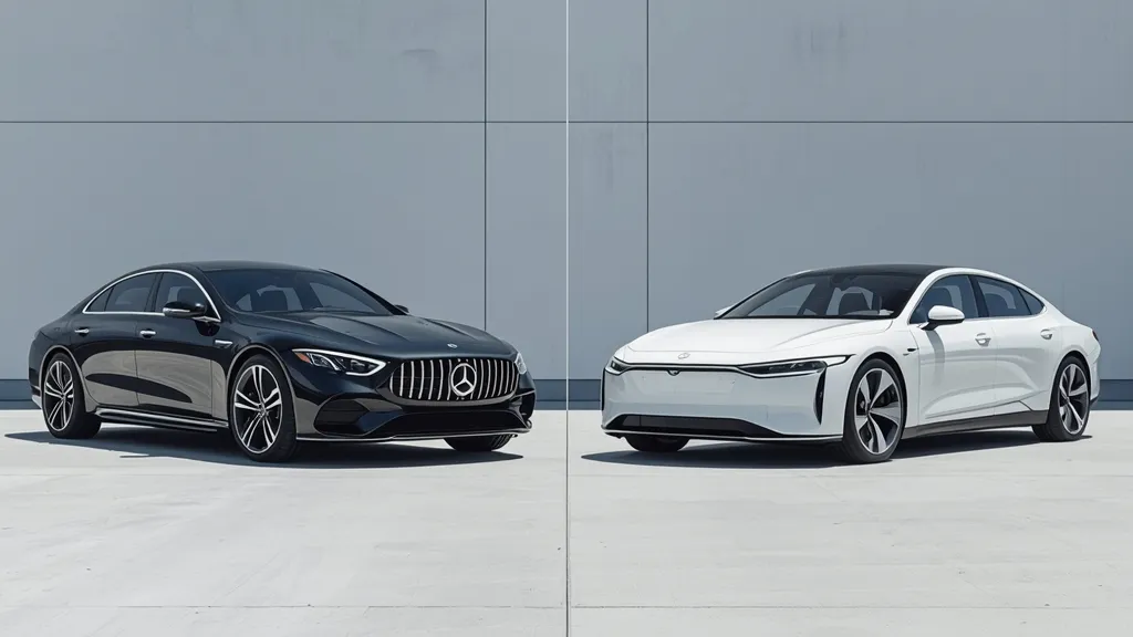 Side-by-side comparison of Mercedes EQS and Lucid Air, showcasing their aerodynamic designs and range capabilities.