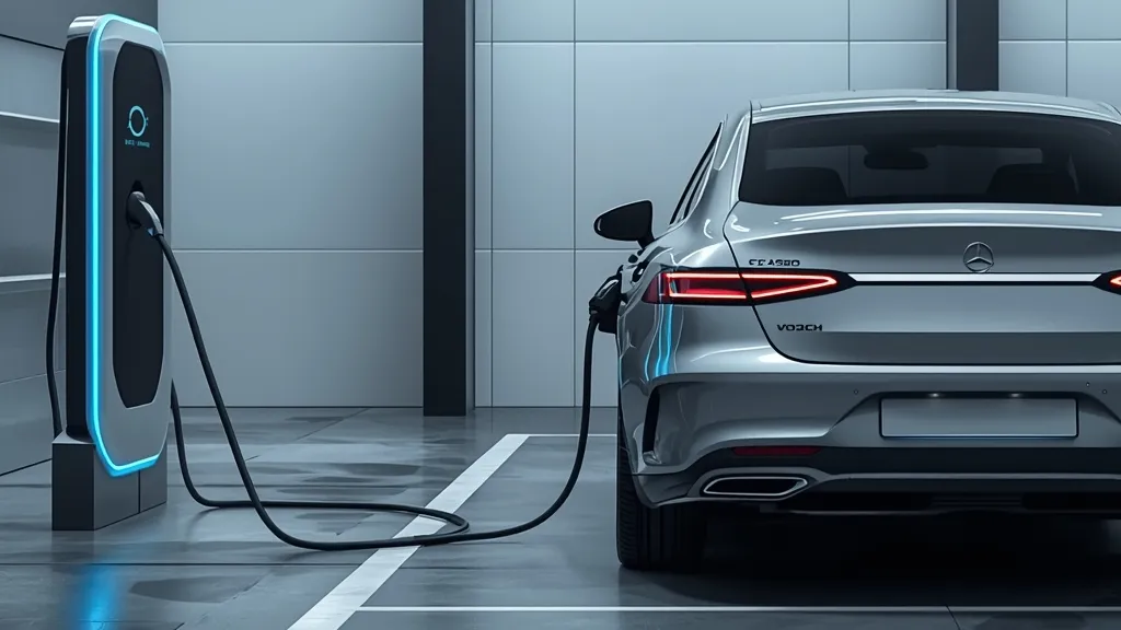Mercedes EQS 450+ sedan charging at a high-power DC fast charger, showing charging cable