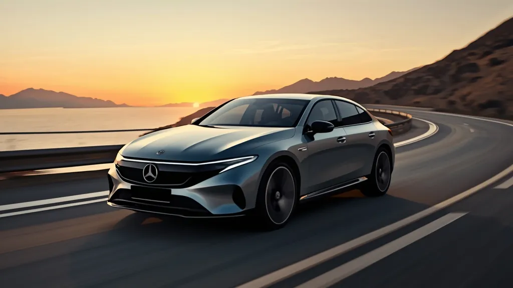 Sleek Mercedes EQS driving on a winding, scenic highway, highlighting its aerodynamic "one-bow" design for efficiency.