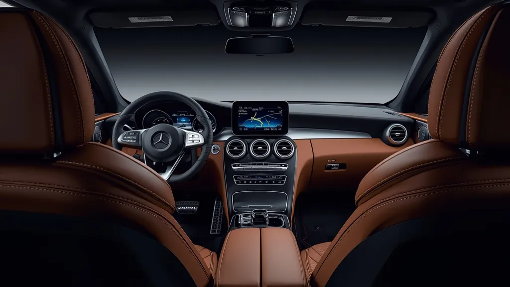 Luxurious Mercedes GLC 200 interior with large MBUX touchscreen, digital driver display, and premium materials.