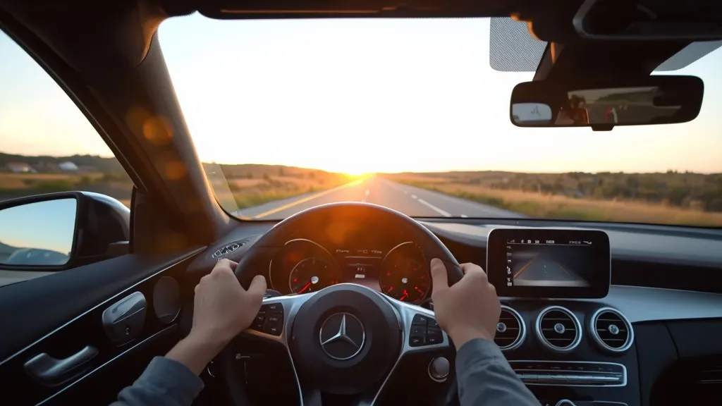 Driver perspective of a Mercedes GLC 200 on a scenic highway, highlighting comfortable ride and advanced cockpit.