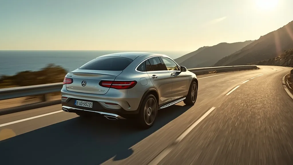 Mercedes GLC 300 Coupe exterior, sleek profile, driving on a scenic coastal road at sunset, luxury SUV.