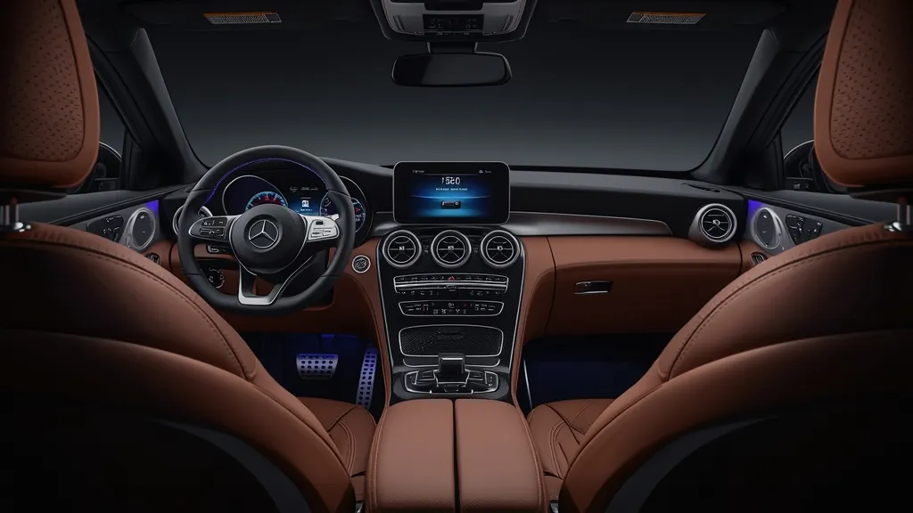 Luxurious Mercedes GLC Coupe interior features, MBUX infotainment, digital cockpit, ambient lighting, premium materials.