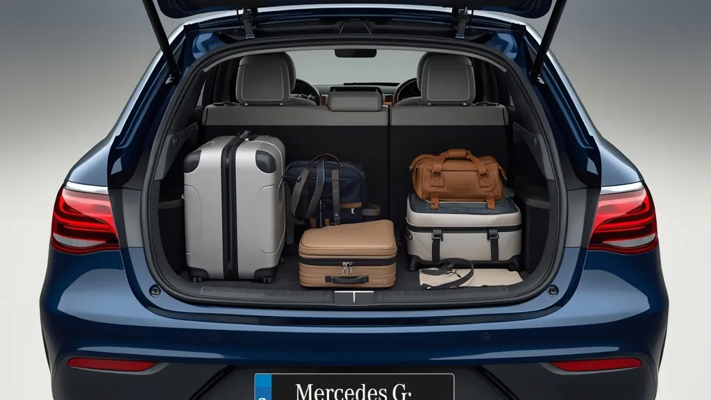 Mercedes GLC Coupe trunk space demonstration, rear seats folded, showing luggage capacity for travel.