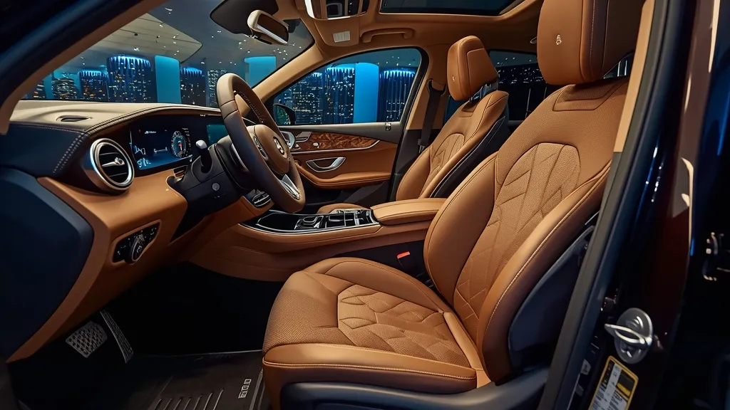 Luxurious Mercedes GLC interior with Macchiato Beige leather seats and wood trim, showcasing interior colors.