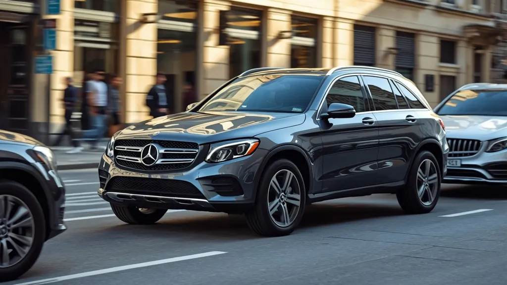 Mercedes GLC SUV perfectly parked in a narrow city spot, highlighting its manageable exterior dimensions for urban driving.