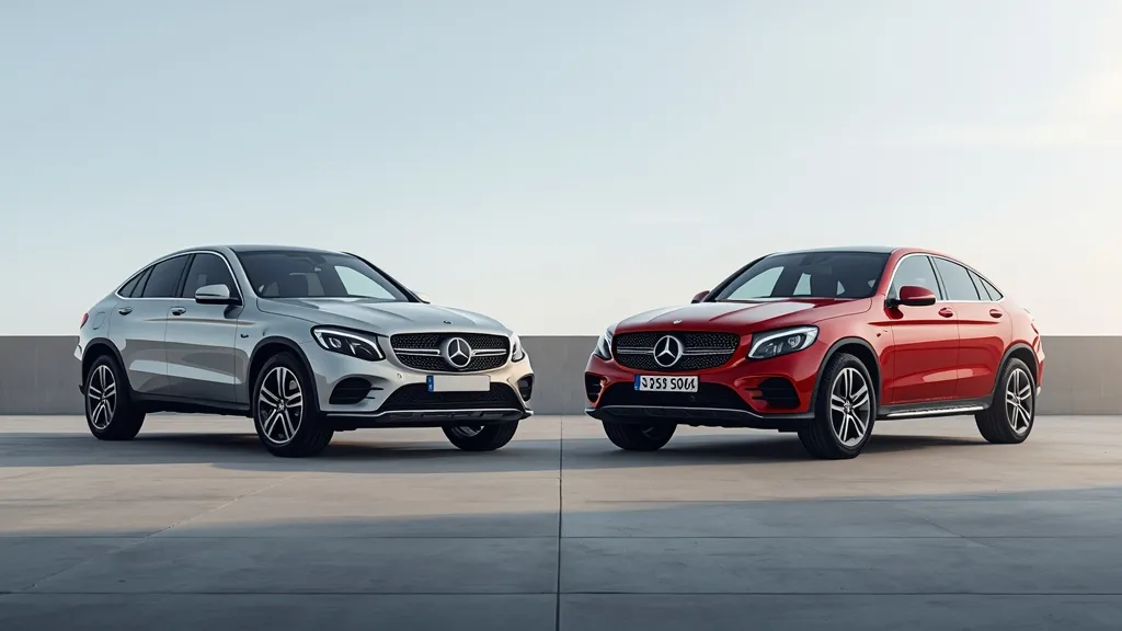 Mercedes GLC SUV next to a GLC Coupe, visually comparing their distinct rooflines and dimensional differences.
