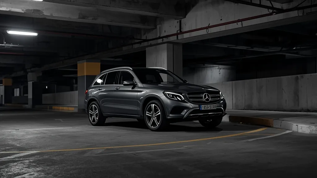 Mercedes GLC navigating a tight parking garage, illustrating its excellent turning circle and maneuverability.