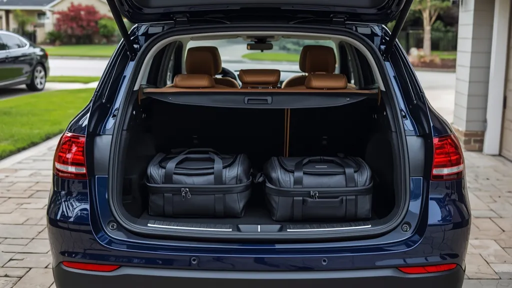 The open trunk of a Mercedes GLC showing the mercedes glc boot space filled with luggage to demonstrate its cargo capacity.