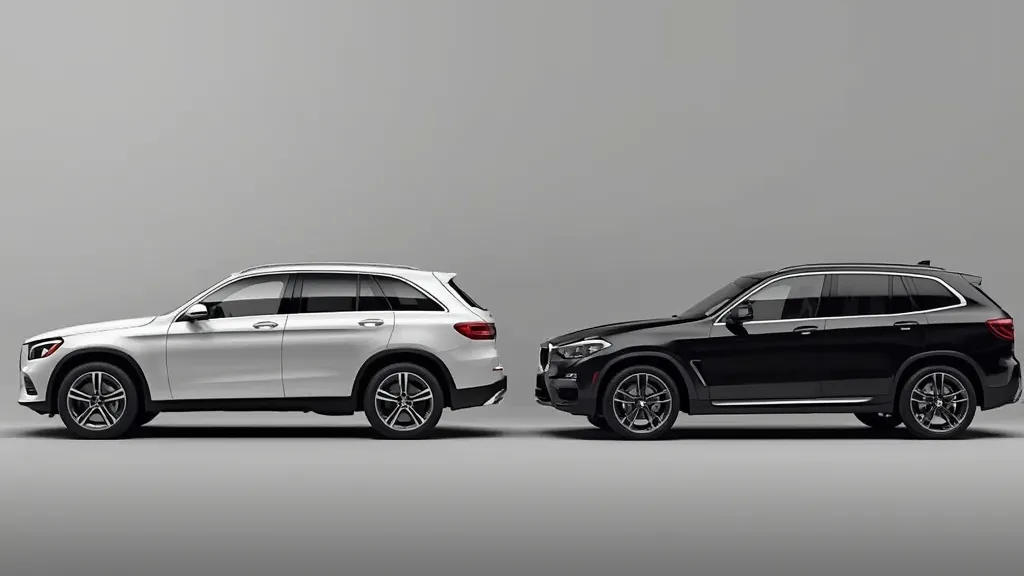 A side-by-side comparison of the Mercedes GLC vs BMW X3 size, showing the two compact luxury SUVs to scale.