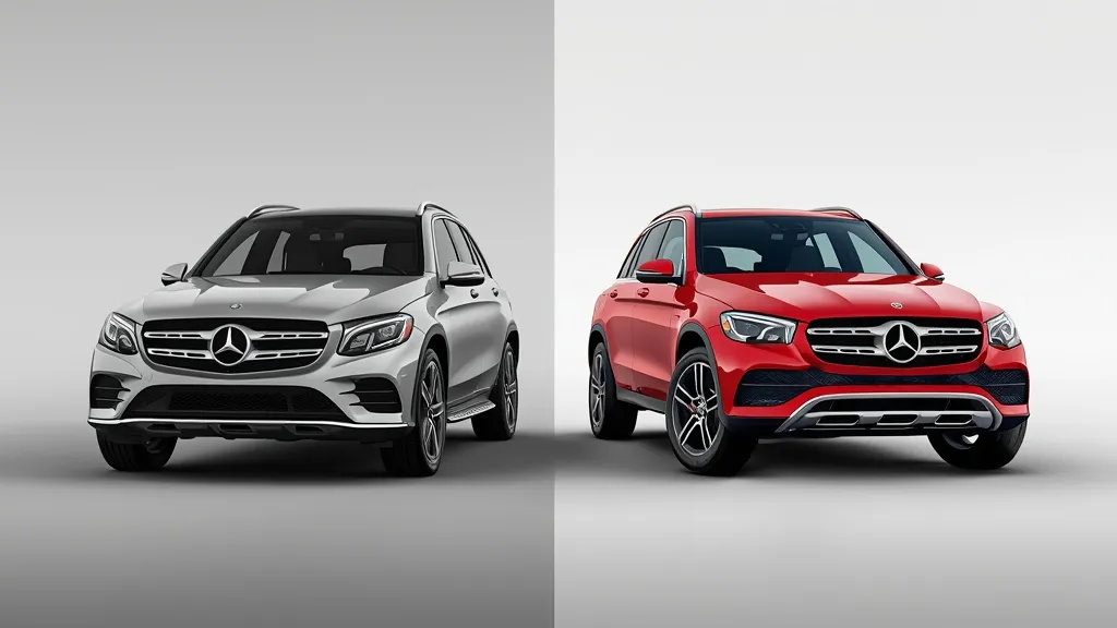 An evolutionary image showing the older, boxy Mercedes GLK dimensions transforming into the sleek, modern Mercedes GLC dimensions.