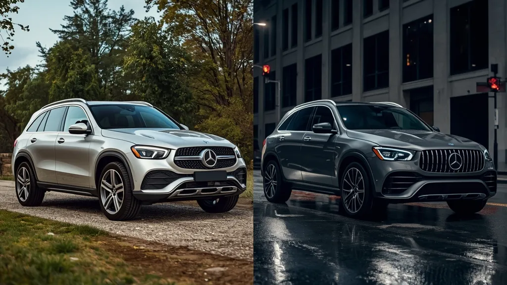 A side-by-side comparison showing the first-generation Mercedes GLC X253 with Air Body Control next to the lower, second-generation X254.