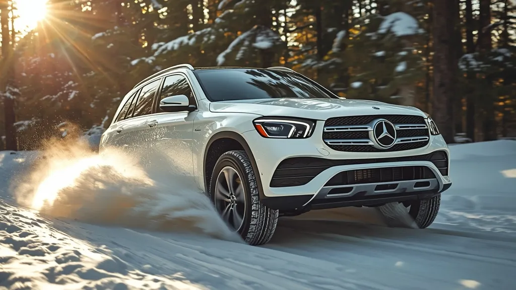 A first-generation Mercedes GLC (X253) confidently navigating a snowy, unpaved trail, showcasing its adjustable ride height and off-road capability.