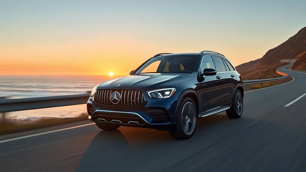 The sleek, modern 2024 Mercedes GLC (X254) cruising smoothly on a winding coastal highway, emphasizing its lower stance and on-road performance.
