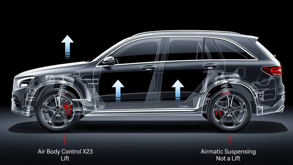 A technical illustration showing the difference between the old Air Body Control with its lift function and the new Airmatic suspension system.