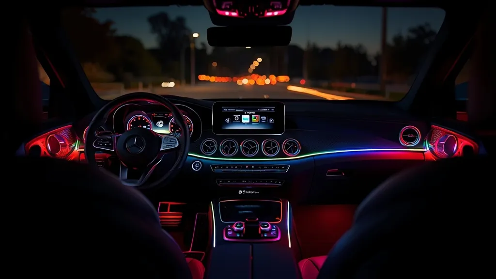 Mercedes GLC cabin at night with vibrant multi-color ambient lighting illuminating dashboard and doors.