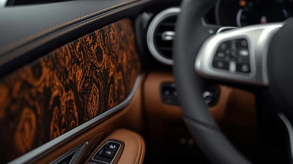 Close-up of Mercedes GLC interior materials: open-pore wood trim, leather stitching, and metallic accents.
