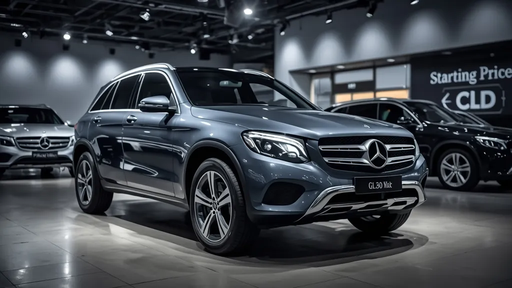 2025 Mercedes GLC 300 SUV in a dealership showroom, highlighting its starting price and luxury appeal.