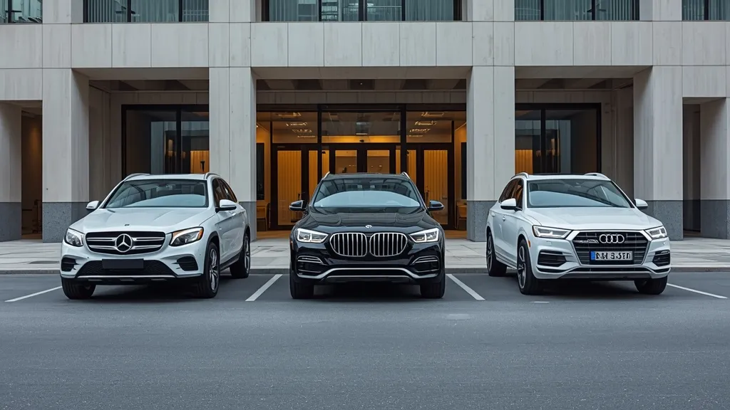 Mercedes GLC parked alongside BMW X3 and Audi Q5, illustrating GLC competitor pricing in the luxury SUV segment.