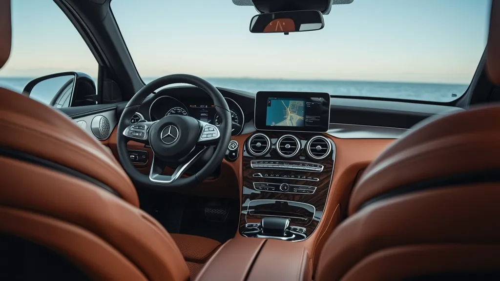 2024 Mercedes GLC 300 luxury interior with large MBUX screen, premium materials, and comfortable seating.