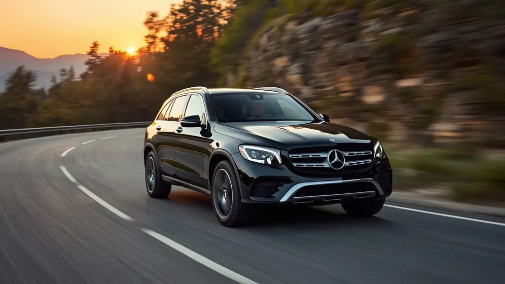 Mercedes GLC SUV driving dynamics on winding road, showcasing agile handling and smooth ride.
