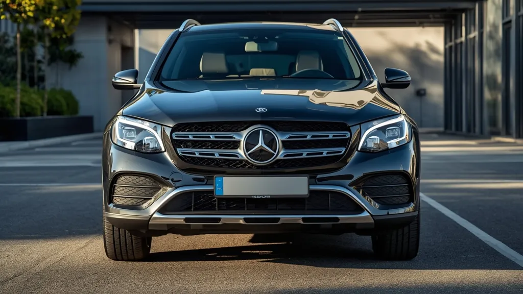 Front three-quarter view of the 2024 Mercedes GLC, showcasing elegant exterior design and LED headlights.