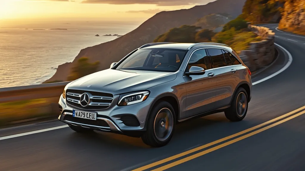 2025 Mercedes GLC 300 4MATIC on a scenic road, highlighting elegant design and performance.