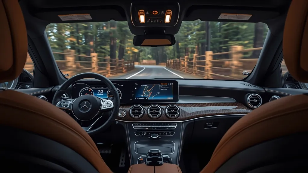Detailed interior of 2025 Mercedes GLC, showcasing MBUX infotainment screen and luxurious cabin.