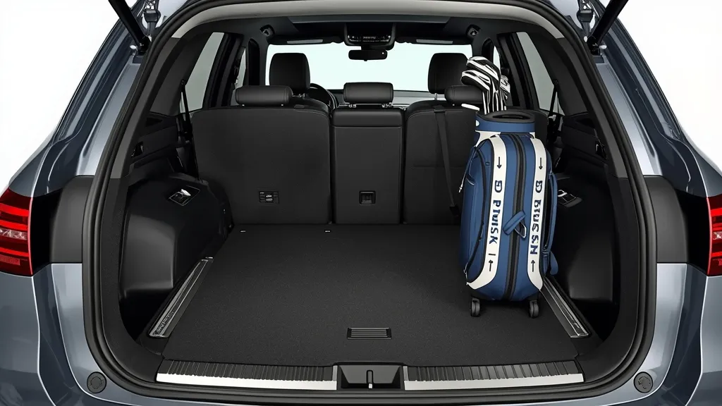 Spacious rear cargo area of 2025 Mercedes GLC with folded seats, showing ample storage capacity.
