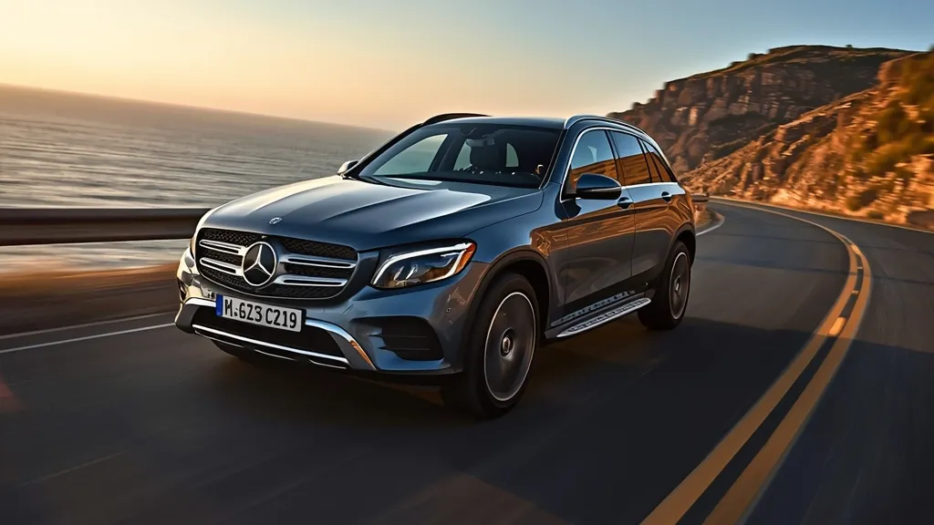 Dynamic shot of a Mercedes GLC 300 driving on a winding coastal road, showcasing elegant design.