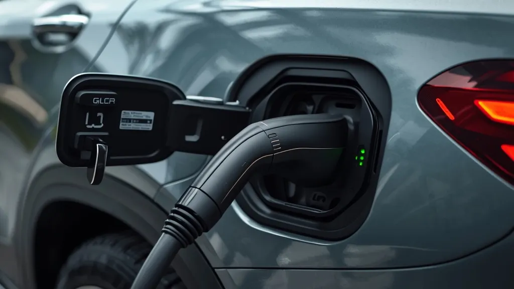 Detailed view of Mercedes GLC plug-in hybrid charging port with green light, emphasizing sustainability.