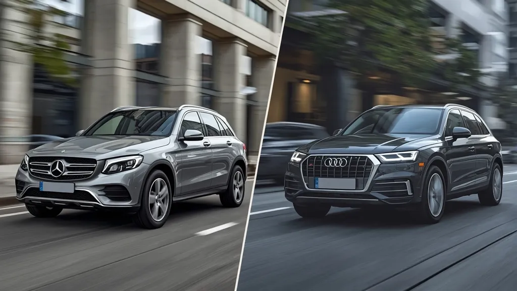 Side-by-side comparison of Mercedes GLC SUV and Audi Q5 driving on a city street.