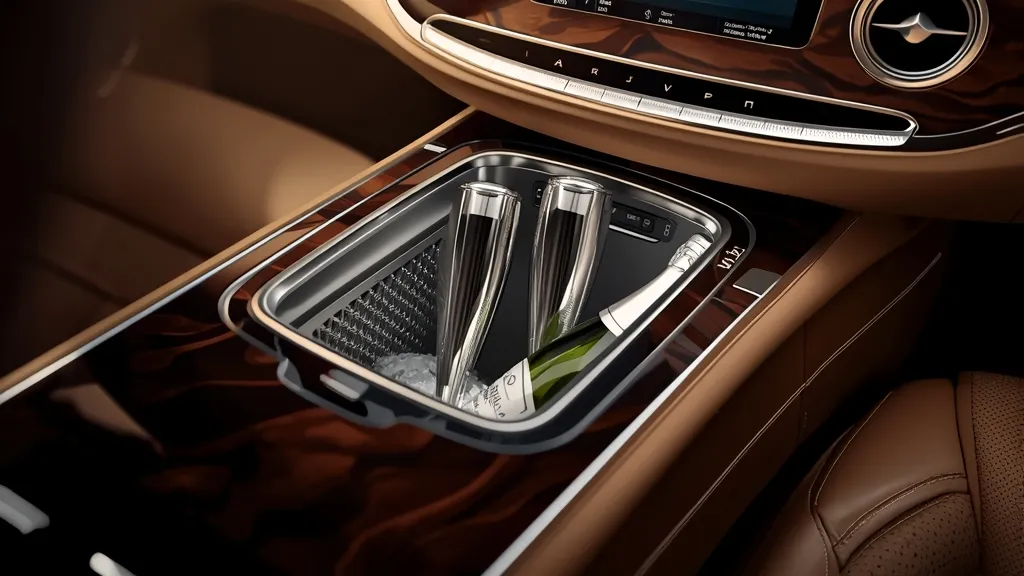 Maybach champagne flutes and refrigerated compartment in the W222 S-Class rear console, ultimate luxury feature.