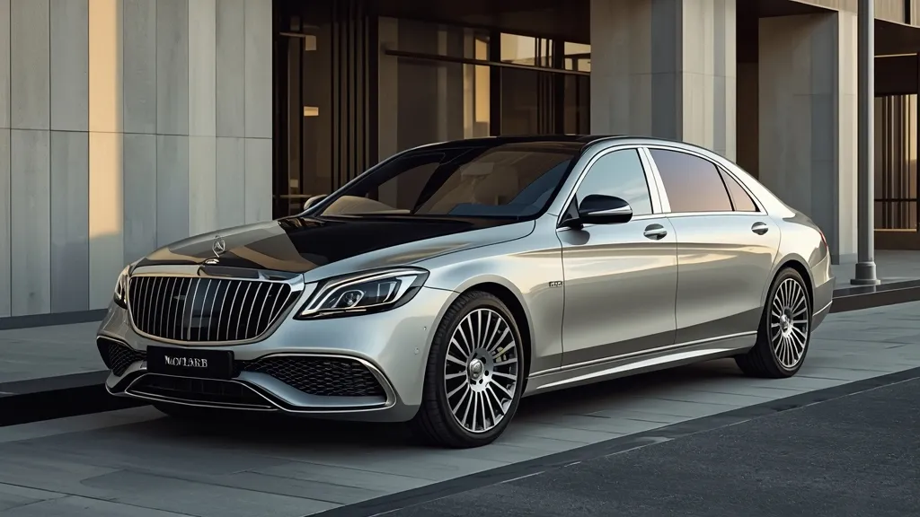 Elegant Mercedes-Maybach W223 exterior, showcasing signature Two-tone Maybach paint and iconic vertical chrome grille design.
