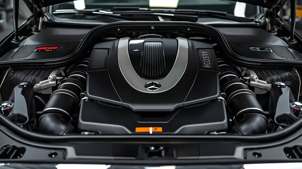 Detailed view of the powerful V12 engine in a Mercedes-Maybach S 680, symbolizing V12 luxury sedan performance.
